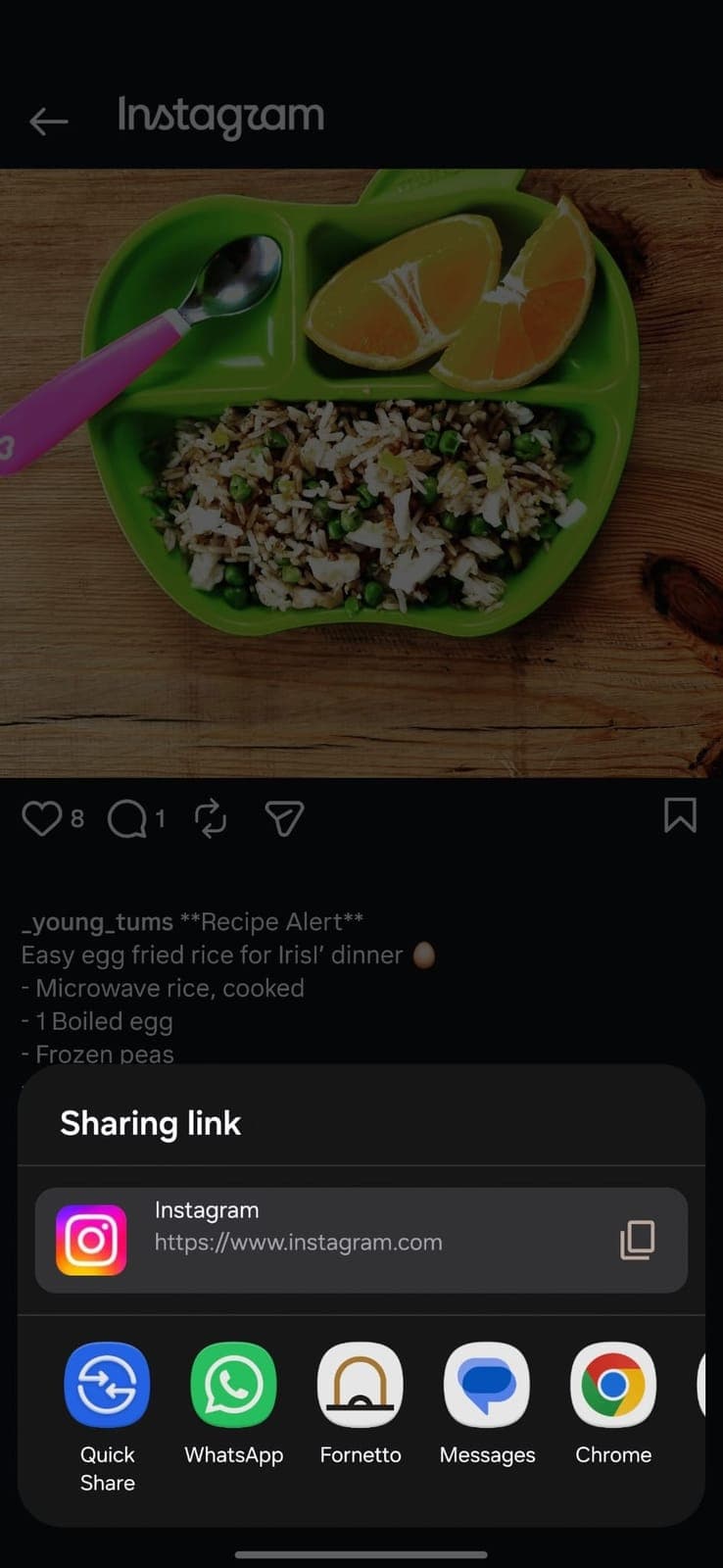 Sharing a recipe post from Instagram on a phone: the share sheet, with Fornetto among the apps to send it to